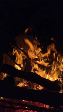Slow motion video of a bright campfire burning at night in the woods