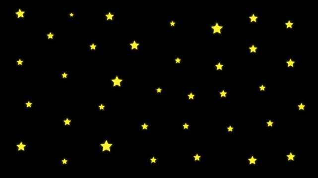Twinkle star glitter sparkle shine animation with blinking retro cartoon doodles and gold glowing light trails, golden twinkling stars on black background, 4k animation