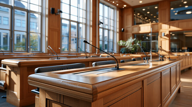 Empty bright courtroom with rows of wooden desks and small microphones at every seat daylight streaming through tall windows courtroom microphones interior judiciary empty