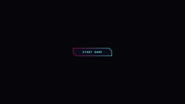 Neon start game button ui animation with cyberpunk gradient glow on 4k black background, interface