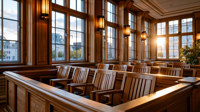 Interior view of a bright courtroom with empty wooden benches and chairs neatly arranged tall windows with soft daylight courtroom interior benches judiciary justice law