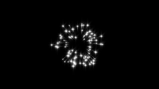 White sparkling star burst animation featuring glowing twinkle lights, flat vector doodle effects, magical glitter particles, seamless black screen background for video editing, 4k
