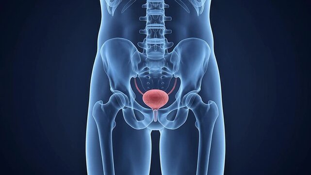 3D Medical Illustration of Human Urinary Bladder Anatomy on Blue Background