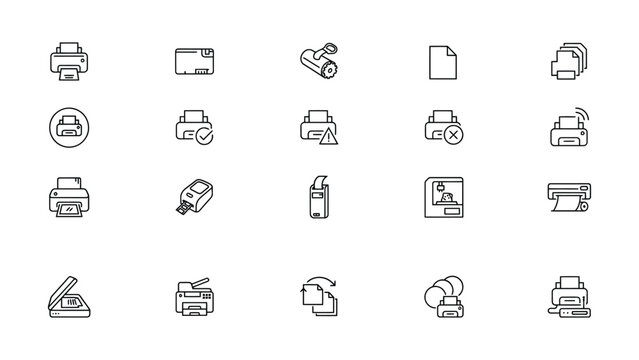 Collection of various printer icons with different status symbols isolated on transparent background