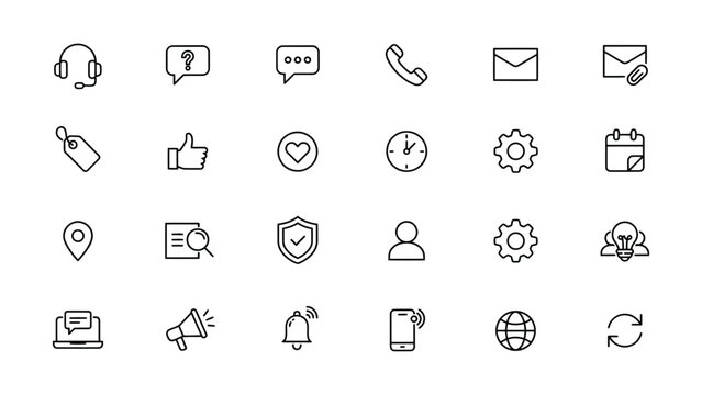 Set of simple line icons representing communication and service features isolated on transparent background