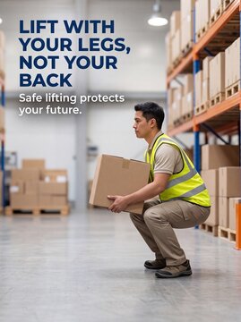 Warehouse worker squatting to lift cardboard box safely with instruction regulations ergonomics prevention