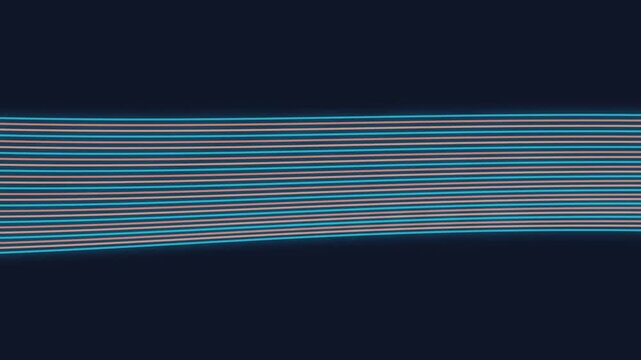 Abstract 4K digital wave motion graphic featuring glowing horizontal purple and green lines flowing against a dark navy blue background for corporate and tech-themed presentations.