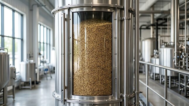 Stainless steel brewery tank filled with malted grain