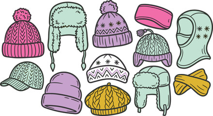 Winter Hat Collection Featuring Beanies, Trapper Hats, Balaclava, Earflap Caps, Headband, and Cold Weather Knit Headwear Vector Illustration Set © MstSuborna