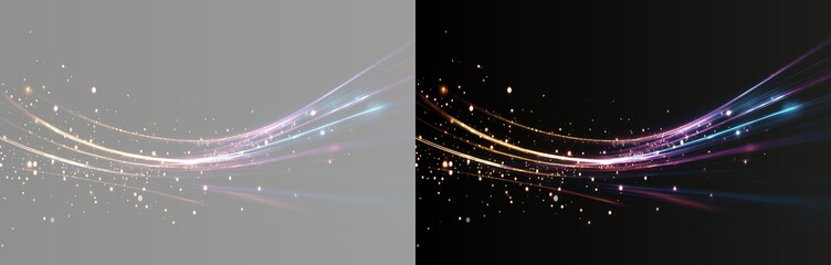 Abstract glowing colourful wave light streak with stardust particles isolated on grey and black background. Futuristic magic light trail stream banner. Modern elegant glowing neon particle wave overla © Lumına Studıo