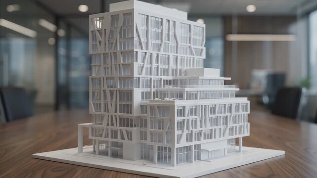 Modern architectural building model sits on a wooden table in a professional corporate boardroom