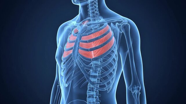 3D Medical Illustration of Human Ribcage and Intercostal Muscle Pain Anatomy on Blue Background