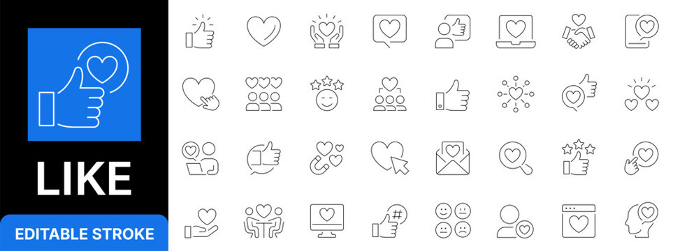 Like icon set. Social media like and customer feedback line icon set. Thumb up, heart rating, user reaction, loyalty and appreciation outline symbols. Editable stroke.