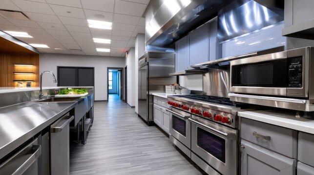 Modern commercial kitchen with stainless steel appliances, sleek countertops, and bright lighting