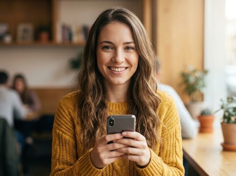 Happy young woman smiling while looking at her smartphone screen in a cozy cafe setting during the day