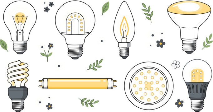 Energy efficient light bulbs vector set including led incandescent fluorescent halogen and eco friendly lamps isolated on white