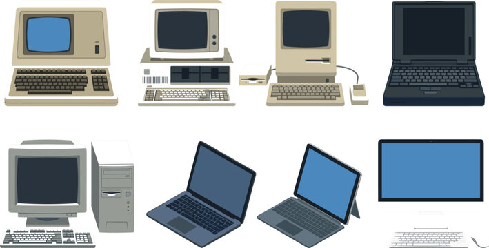 Evolution of personal computers vector set featuring retro vintage desktops classic laptops modern notebooks and slim all in one pcs