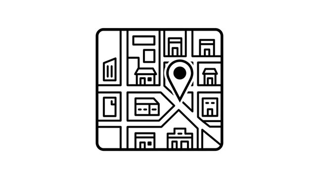 Black and white line art city map icon with location pin marker showing urban street navigation and neighborhood layout