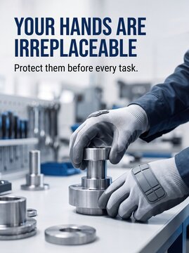 Gloved hands assembling metal parts with safety text overlay with metal components workshop workshop table