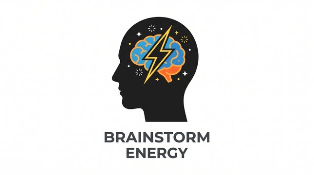 Brainstorm energy concept with human head silhouette with depicts black silhouette stars white background orange brain lightning lightning bolt intelligence inspiration with creativity
