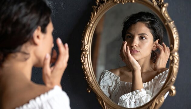 Woman looking in antique ornate mirror, touching face, thoughtful expression, self-reflection concept