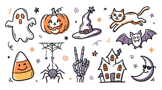Hand drawn Halloween doodle line art set with cute neon pumpkin ghost and skeleton peace sign on black background