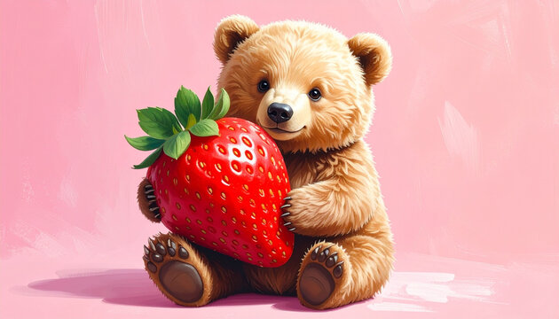 Adorable Teddy Bear with Giant Strawberry