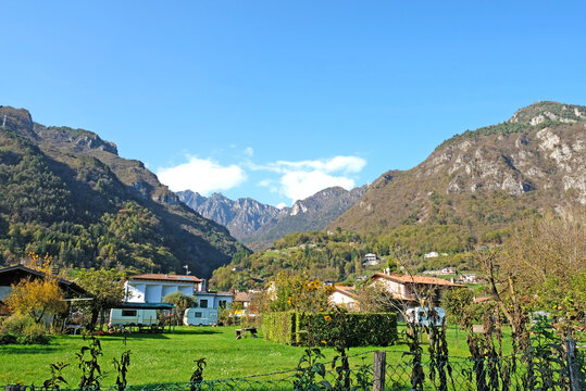 Beautiful view of the village of Anfo on Lake Idro surrounded by the mountains of northern Italy.