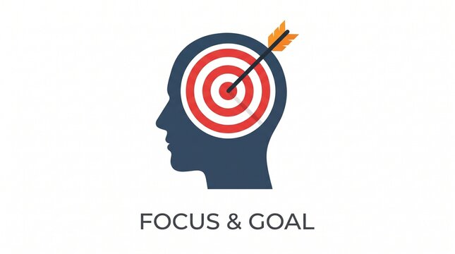 Focused mind with goal target and arrow in head silhouette with silhouette red white flat design blue head concentration illustration inspiration achievement motivation with objective