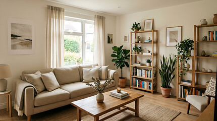 Fototapeta premium Modern living room with neutral tones and natural lighting interior design.