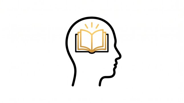 Knowledgeable mindset with open book inside head silhouette with inside symbolizing knowledge simple line drawing human head profile understanding contemplation intelligence