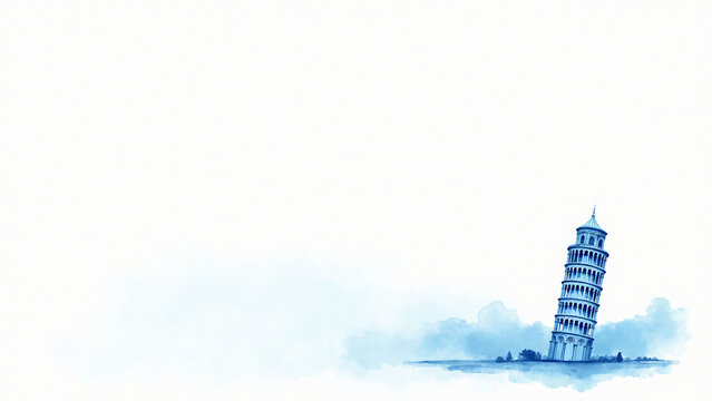 Minimal blue watercolor illustration of Leaning Tower of Pisa with flowing brush textures on white background