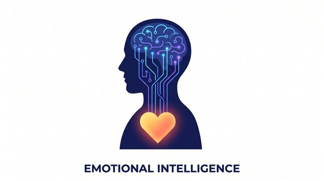 Emotional intelligence concept with human head silhouette with glowing heart neck circuit lines connecting brain dark blue silhouette self awareness mental health depicts dark