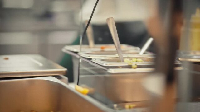 A close-up of a kiosk chef preparing vegetable toppings for fresh takeaway snacks. Concept of street food and street food as a popular fast-food format