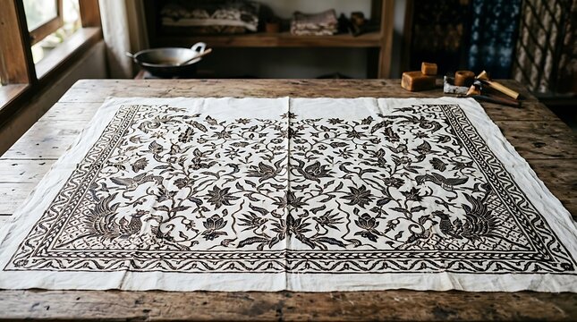 Traditional batik fabric with floral and bird patterns on wooden table