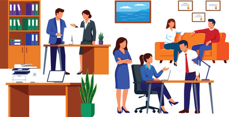 Corporate office workflow vector scene featuring business professionals collaborating around desks computer workstations bookshelves and waiting room sofa © CHANDANARANI