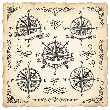 Black Vintage Compass and Decorative Flourish Doodle Set for Journals and Scrapbook Designs