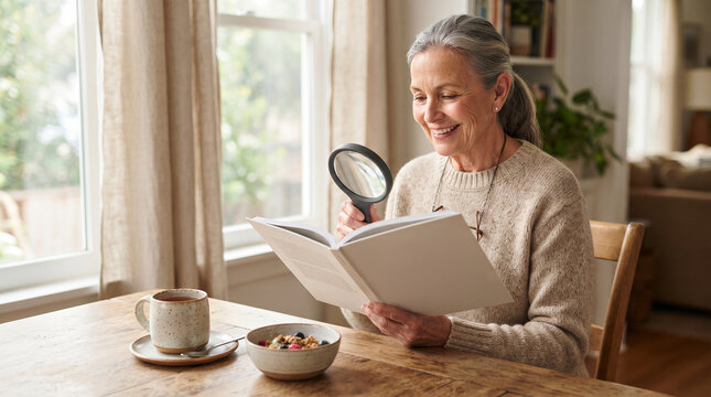Independent reader using a magnifier at a warm breakfast nook