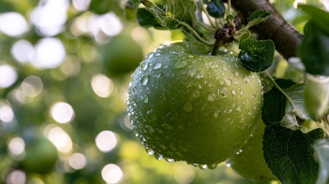 Fresh green apple covered with water droplets growing on tree branch with dreamy bokeh background, showing natural freshness, healthy diet, organic farming, seasonal gardening farm to table concept