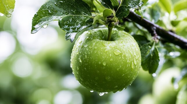 Fresh green apple covered with water droplets growing on tree branch with dreamy bokeh background, showing natural freshness, healthy diet, organic farming, seasonal gardening farm to table concept