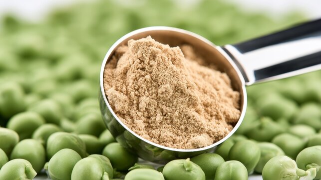 Protein powder in measuring spoon placed on fresh green peas closeup, showing healthy nutrition, dietary supplement, plant based food ingredients, fitness lifestyle and natural wellness concept