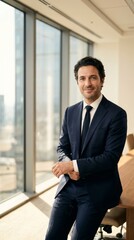 Fototapeta premium A professional man in a suit stands confidently in a bright office with city views.
