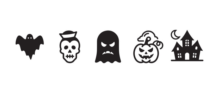 Halloween ghost, skull, pumpkin, haunted house, moon
