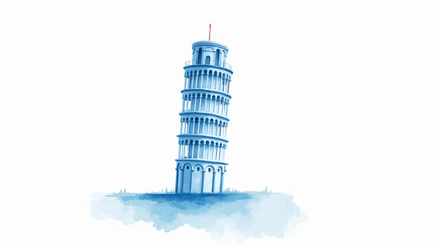 Minimal blue watercolor illustration of Leaning Tower of Pisa with flowing brush textures on white background