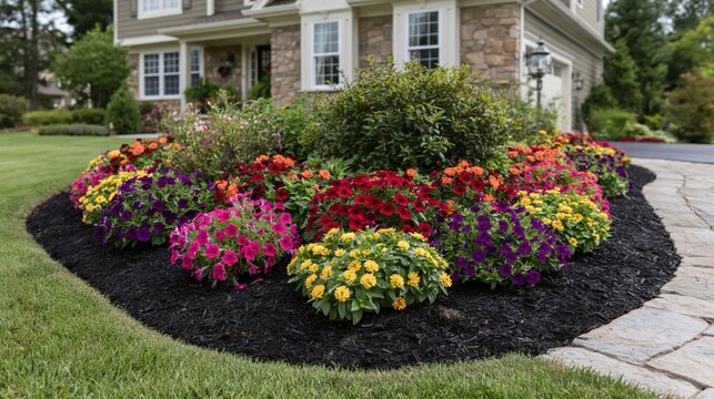 The Flower Bed in Front Yard Surrounded by Bright Multicolor Blooms