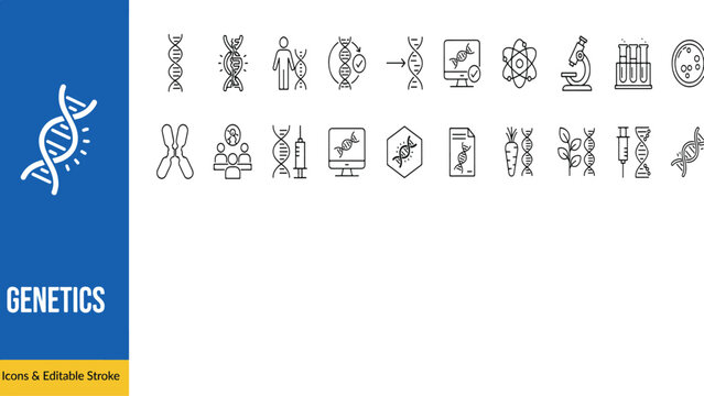 Genetics and molecular biology outline icon collection with genetics research scientific molecule laboratory experiment microscope chemistry medicine