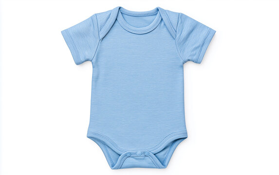 Blue baby bodysuit mockup on clean white background. Blank cotton onesie for newborn apparel design presentation. Neutral infant clothing template features short sleeves, soft fabric texture