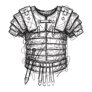 Expressive gestural sketch of Roman Lorica Segmentata armor and gladius sword in a scribble abstract art style