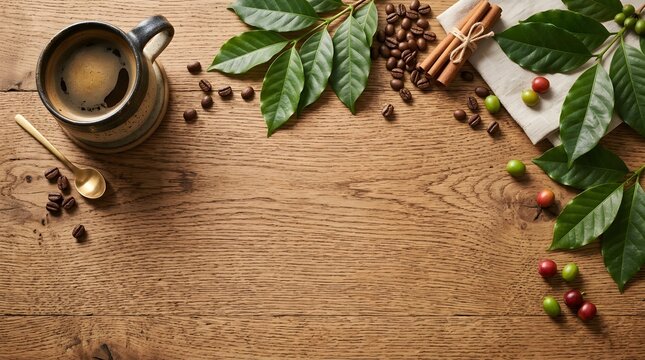 Top view of a cup of coffee with coffee beans, cinnamon sticks, and fresh coffee leaves on a wooden table