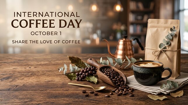International coffee day celebration with coffee beans, a cup of latte, a copper kettle, and a paper bag on a wooden table